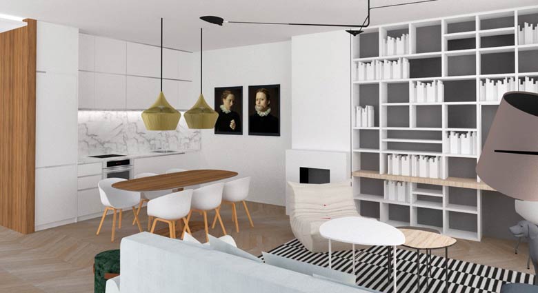 Vue 3D de l'aménagement d'une cuisine dans un appartement 2 pièces