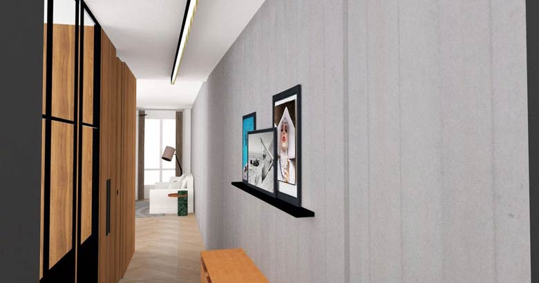 Vue 3D du couloir de l'appartement dans le cadre d'une étude d'architecture d'intérieur