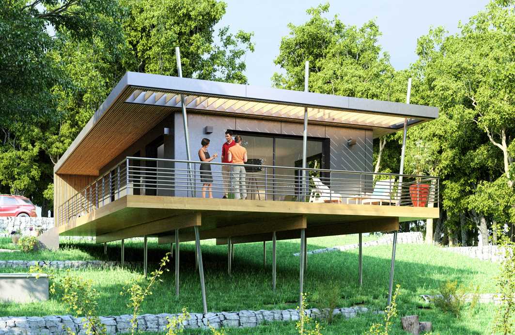 Construction d'une maison écologique pop up sur pilotis en Ardèche avec un petit budget par un architecte DPLG