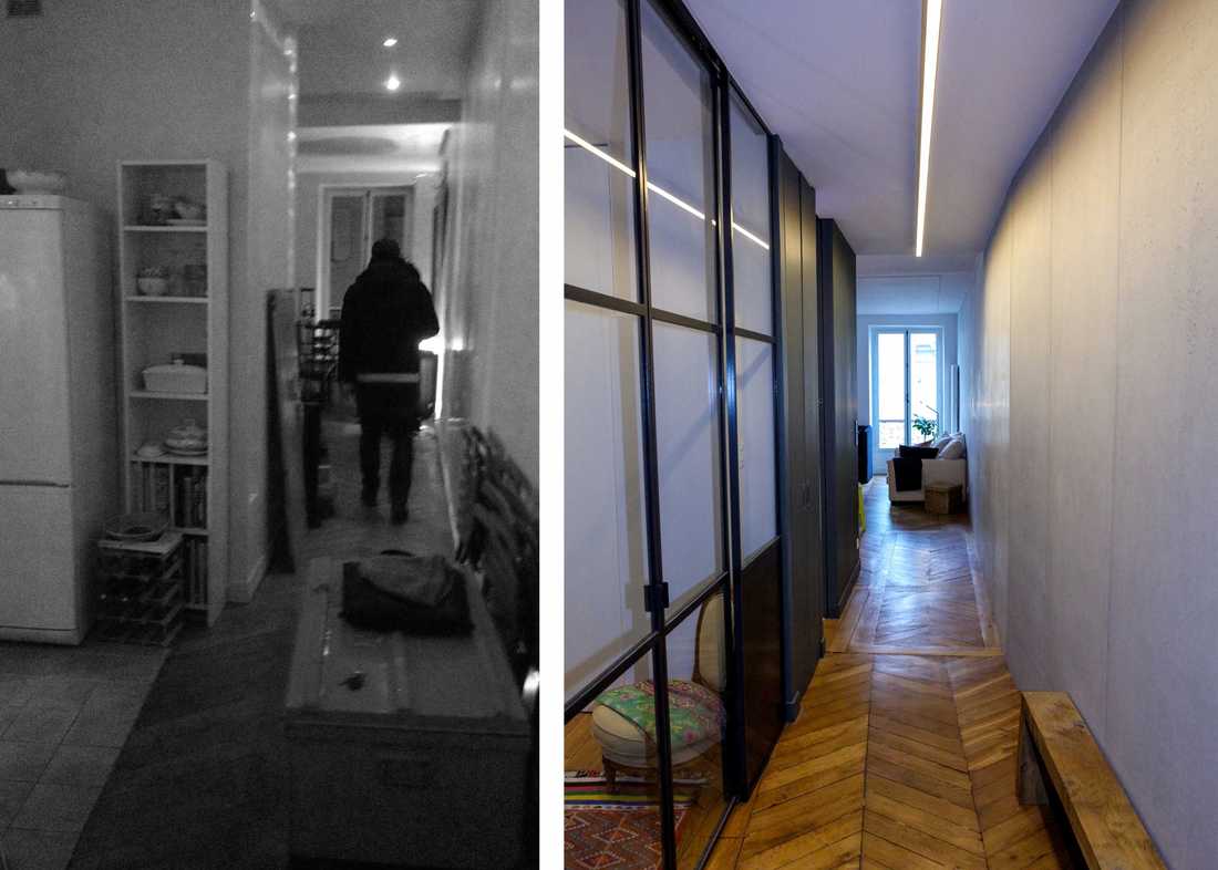 Photo avant - après de la rénovation du couloir d'un appartement par un architecte d'intérieur