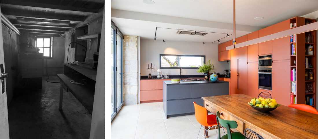 Avant-Après : Cuisine contemporaine aménagé dans l'ancien atelier du couvent