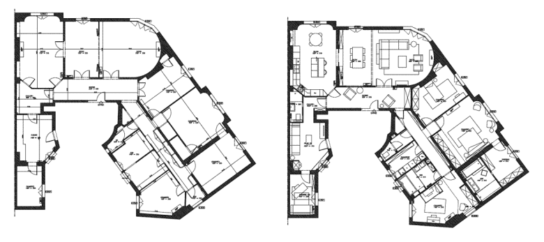 Plan de rénovation avant - après d'un appartement haussmannien de 230m2