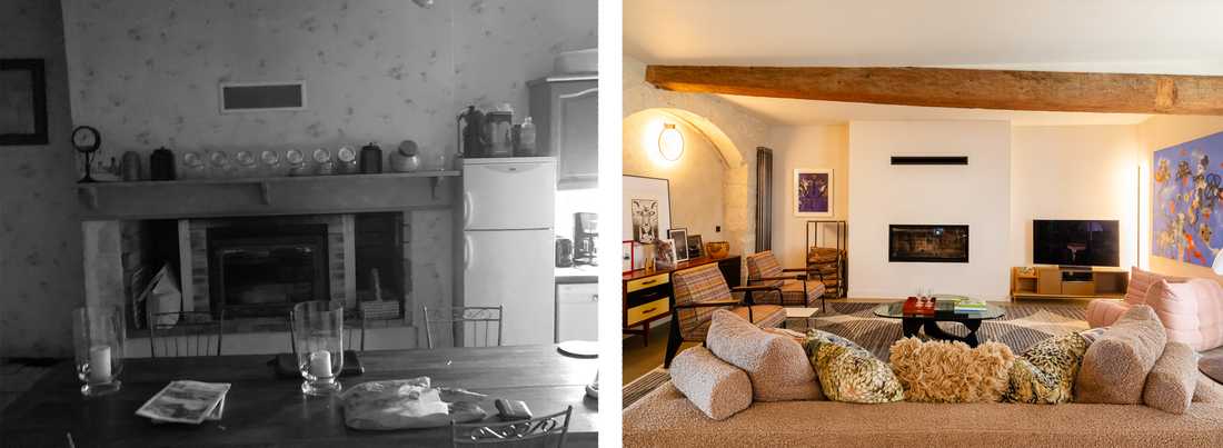 Avant-Après : Salon avec cheminée après les travaux de rénovation